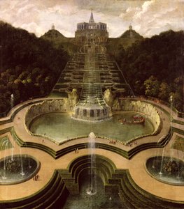 Vista do octógono sobre as cachoeiras e as piscinas de Netuno, depois de 1716