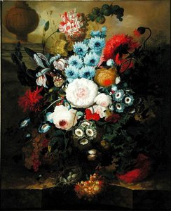 Cravos, Glória Matinal, Rosas, Auriculas, Jacinto e outras flores com ninho de pássaros sobre uma borda de mármore (óleo sobre tela) de Jan van Os