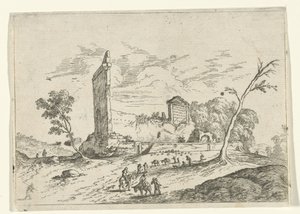Paisagem com ruínas romanas e pastores de burros de Jan van Ossenbeeck (attributed to)