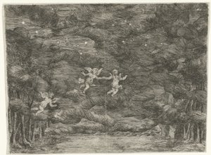Decoração de palco com anjos no céu noturno de Jan van Ossenbeeck
