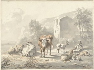 Paisagem com gado e ruína