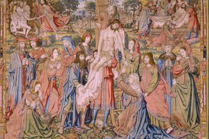 Tapeçaria flamenga. Série A paixão de Cristo: Descendência da cruz (Kruisafneming, Descendimiento de la cruz). Fabrico Pieter van Aelst. Cartoonista Jan van Roome. Ca 1507-1520. Detalhe.