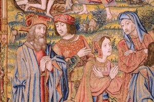 tapeçaria flamenga. Série A paixão de Cristo: Descida da cruz (Kruisafneming, Descendimiento de la cruz). Fabricação Pieter van Aelst. O cartunista Jan van Roome. Ca 1507-1520. Detalhe.