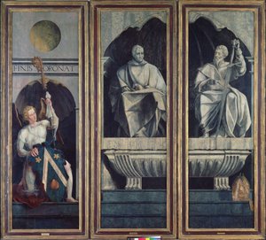 Anjo apresentando Santo Estevão e São Tiago Maior com as armas de Jacques Coëne, abade de Marchiennes, do políptico de Santo Estevão e São Tiago Maior, c.1541 de Jan van Scorel