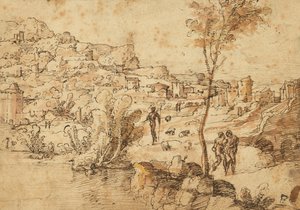 Paisagem com pastores à beira de um rio e uma cidade ao fundo (anverso); Estudos de figuras e ruínas romanas (verso) de Jan van Scorel