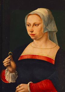Retrato, senhora, segurando, anel