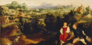Tobias com o anjo em uma paisagem. 1521 de Jan van Scorel
