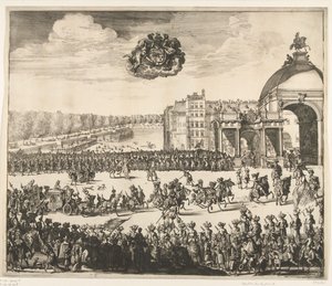 Entrada do rei William III em Haia, 1691 No Blyde, muito desejado, e primeiro Royal Inhalingh de William III, rei da Inglaterra, Escócia, Vranckryck e Yerlandt, etc. Binnen The Hague o 5 de fevereiro, em den Jaere 1691 (título em
