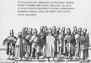 Grupo de trompetistas na Procissão Fúnebre do Imperador Carlos V, 1559 de Jan van and Doetechum Doetechum the elder