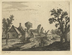 Vista da vila com mulher e criança na rua da vila de Jan van de Cappelle (attributed to)