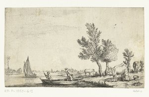 Paisagem fluvial com dois homens num barco a remos de Jan van de Cappelle (attributed to)
