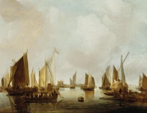 Holandês: Navios num estuário Um porto marítimo