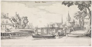 Barcos em um cais em uma vila Paisagens Playsante e atrações divertidas (título da série) de Jan van de Velde (II)