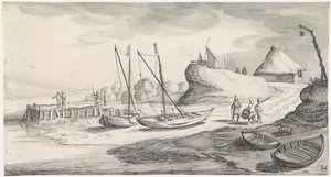 Barcos na margem de um rio
Playsante lantschappen ende vermakelycke gesichten (título da série) de Jan van de Velde (II)
