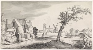 Família em uma casa com uma cidade ao fundo Paisagens Playsante e atrações divertidas (título da série) de Jan van de Velde (II)