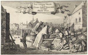 Figuras em uma barraca de vegetais em um mercado Paisagens (título da série) Amenissimae aliquot requculae (título da série) de Jan van de Velde (II)