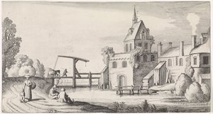 Figuras perto de uma ponte levadiça em frente a uma aldeia com uma torre de igreja
Playsante lantschappen ende vermakelycke gesichten (título da série) de Jan van de Velde (II)