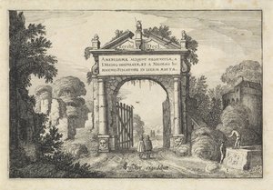 Figuras em um portão em uma paisagem Paisagens (título da série) Amenissimae aliquot requculae (título da série no objeto) de Jan van de Velde (II)