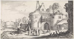 Figuras em um portão da cidade Paisagens lúdicas e poemas divertidos (título da série) de Jan van de Velde (II)