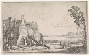 Números perto de uma casa dilapidada sobre um rio
Paisagens fluviais (título da série) de Jan van de Velde (II)