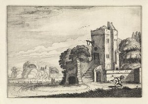 Figuras com um cesto de pássaros perto de uma torre numa paisagem
Paisagens (título da série)
Amenissimae aliquot requculae (título da série) de Jan van de Velde (II)