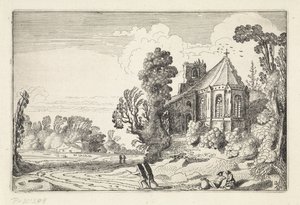 Figuras em uma estrada rural perto de uma ruína de igreja Paisagens (título da série) Amenissimae aliquot requculae (título da série) de Jan van de Velde (II)