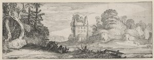 Vista de uma casa em ruínas perto de uma parede Paisagens e ruínas (título da série) Amoenissimae alíquota Regiunculae (título da série) de Jan van de Velde (II)