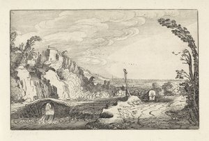 Vagão coberto em um caminho em uma paisagem montanhosa do rio Paisagens (título da série) Amenissimae aliquot requculae (título da série) de Jan van de Velde (II)