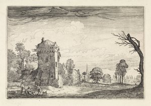 Caçadores com cães em uma torre em uma paisagem Paisagens (título da série) Amenissimae aliquot requculae (título da série) de Jan van de Velde (II)