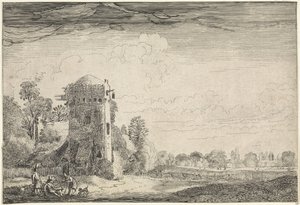 Caçadores com cães em uma torre em uma paisagem Paisagens (título da série) Amenissimae aliquot requculae (título da série) de Jan van de Velde (II)