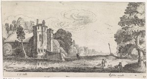 Paisagem com figuras perto de uma casa fortificada com duas torres de Jan van de Velde (II)