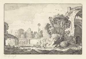 Homem com um cachorro em ruínas Paisagens (título da série) Amenissimae aliquot requculae (título da série) de Jan van de Velde (II)