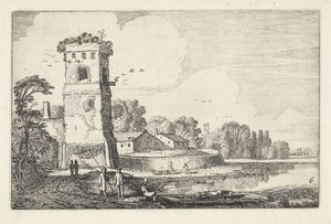 Ferry com ovelhas perto de uma torre numa paisagem fluvial
Paisagens (título da série)
Amenissimae aliquot requculae (título da série) de Jan van de Velde (II)
