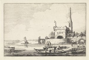 Pont com gado em um forte em uma paisagem fluvial Paisagens (título da série) Amenissimae aliquot requculae (título da série) de Jan van de Velde (II)