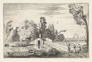 Paisagem do rio com uma ponte de pedra Paisagens (título da série) Amenissimae aliquot requculae (título da série) de Jan van de Velde (II)