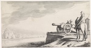 Rider e dois soldados por um canhão na margem do rio Paisagens Playsante e carinhas divertidas (título da série) de Jan van de Velde (II)