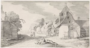 Agricultores descansando ao longo de uma estrada em uma vila Paisagens Playsante e atrações divertidas (título da série) de Jan van de Velde (II)