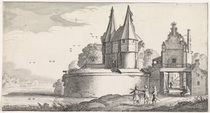 Soldados em uma fortaleza e portão da cidade por um rio Paisagens Playsante e atrações divertidas (título da série) de Jan van de Velde (II)