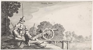 Soldados perto de um canhão no molhe de um rio
Playsante lantschappen ende vermakelycke gesichten (título da série) de Jan van de Velde (II)