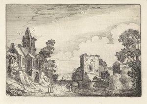 Torre e uma igreja em uma paisagem Amenissimae aliquot requculae (título da série) Paisagens (título da série) de Jan van de Velde (II)