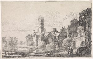 Dois monges em uma abadia em uma paisagem fluvial Paisagens fluviais (título da série) de Jan van de Velde (II)