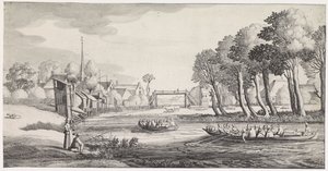 Dois barcos a remos num rio perto de uma aldeia Paisagens Playsante e carinhas divertidas (título da série) de Jan van de Velde (II)