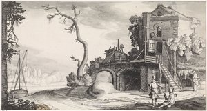Dois falcoeiros perto de uma torre usada como pousada Paisagens Playsante e carinhas divertidas (título da série) de Jan van de Velde (II)