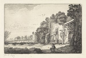 Mulher com criança em ruínas de uma casa Paisagens (título da série) Amenissimae aliquot requculae (título da série) de Jan van de Velde (II)