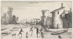 Paisagem de Inverno com patinadores perto da muralha de uma cidade
Playsante lantschappen ende vermakelycke gesichten (título da série) de Jan van de Velde (II)