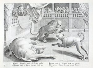 Alexandre o Grande dá espetáculo, luta de leões, cães e elefantes, ilustração de "Venationes, Ferarum, Avium, Piscium" (De Caça: Bestas, Aves, Peixes), gravada por Jan Collaert (1566-1628), pub. por Phillipus Gallaeus, Amsterdam (gravura) de Jan van der Straet