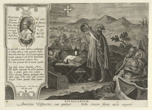 Amerigo Vespucci Descobrindo o Cruzeiro do Sul com um Astrolábio, de Nova Reperta, pub. 1600 (gravura) de Jan van der Straet