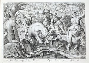 Os elefantes fazem um grande barulho ao serem atingidos por lanças de caçadores, ilustração de "Venationes, Ferarum, Avium, Piscium" (De Caça: Bestas, Aves, Peixes), gravada por Jan Collaert (1566-1628), pub. por Phillipus Gallaeus, Amesterdão (gravura) de Jan van der (1523 1605) Straet