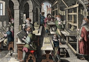 Gabinete de impressão, c1600 - Holanda, Impressão: à esquerda os caracteres usam caracteres, as diferentes etapas da preparação da impressão supervisionadas por uma gráfica mestre - Gravura de "Nova Reperta" de Giovanni Stradano (Jan Van Der Straet) (Johan