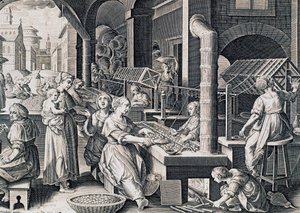 Vermis sericus, mulheres girando seda e aquecendo bichos-da-seda no fogo, gravura de Stradanus (1523-1605), Itália de Jan van der Straet